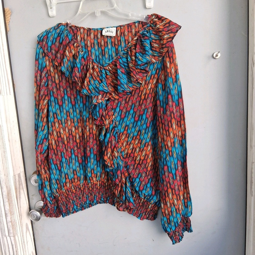 Ariat Ikat Print Colorful Blouse‎ Smocking Ruffle Shirt XL EUC